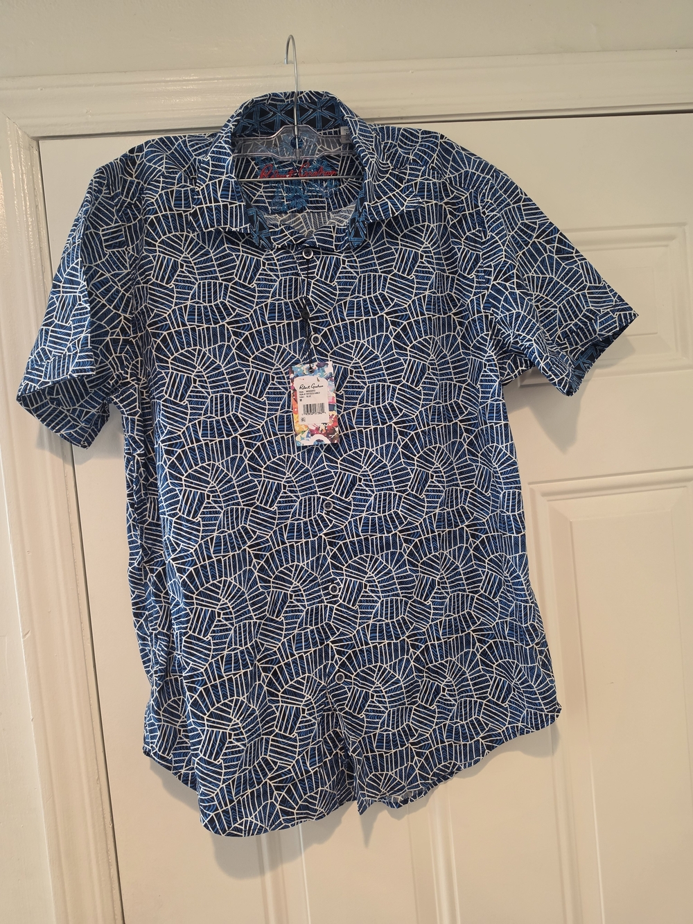 Robert Graham Blue Short-Sleeve Shirt with White Geometric Print